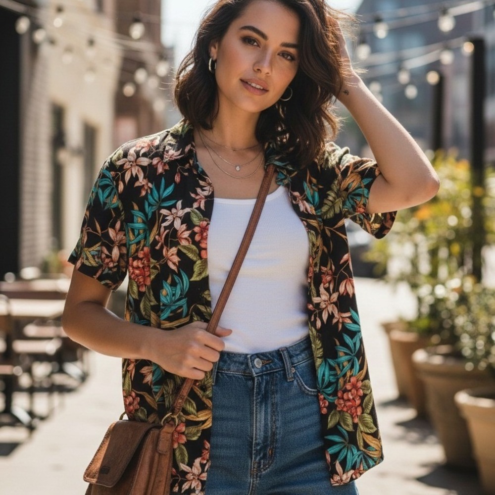 NEW Judith‎ Hart 20W $50 Brown Teal Green Pink Tropical Floral Summer Blouse